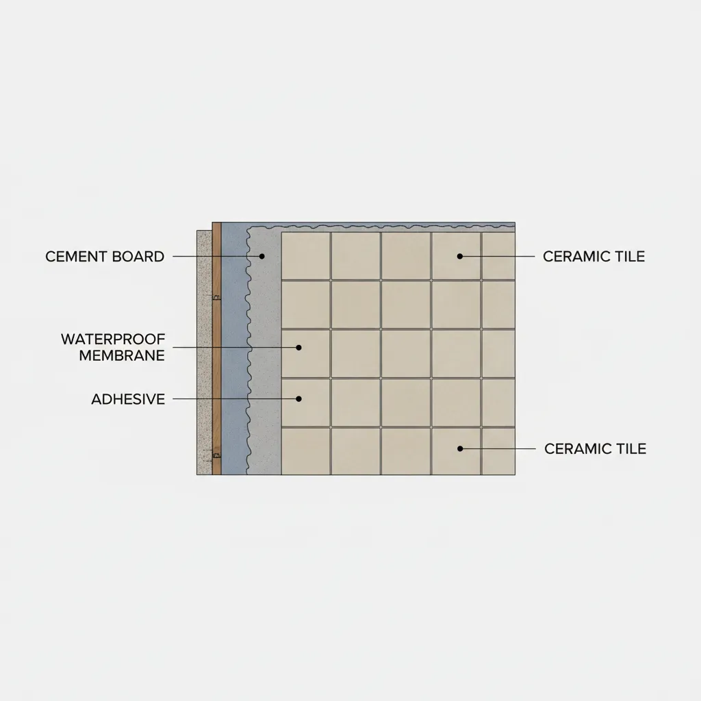 Diagram showing waterproof membrane layers behind bathroom wall tiles