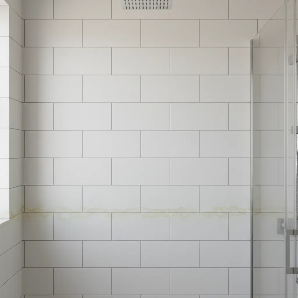 Bathroom tiles with mild yellow staining near shower area showing mineral buildup