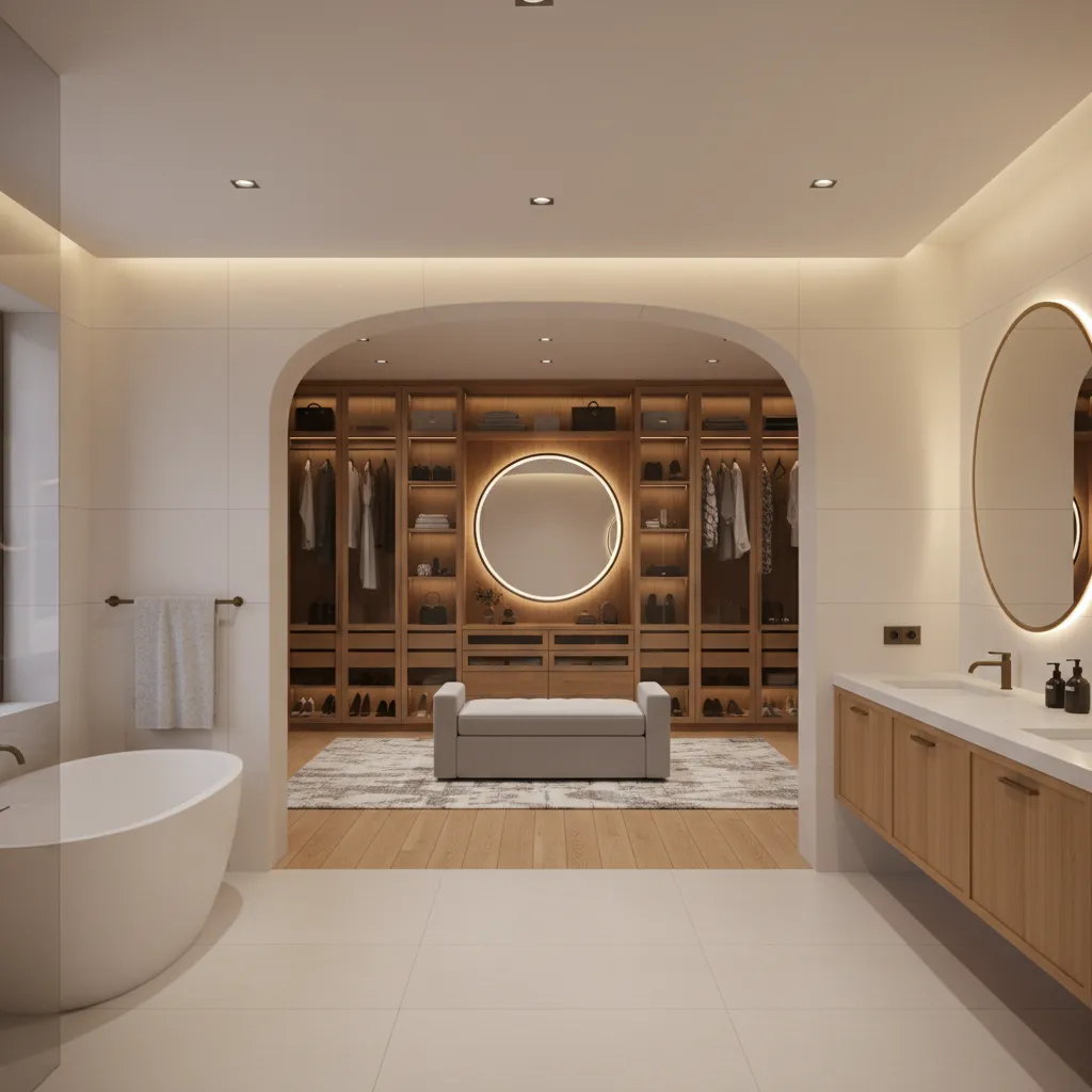 Bathroom to closet transition layout with dressing bench and mirror