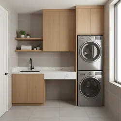 Modern laundry room featuring stacked silver appliances, wooden cabinets, small sink, and marble effect countertop