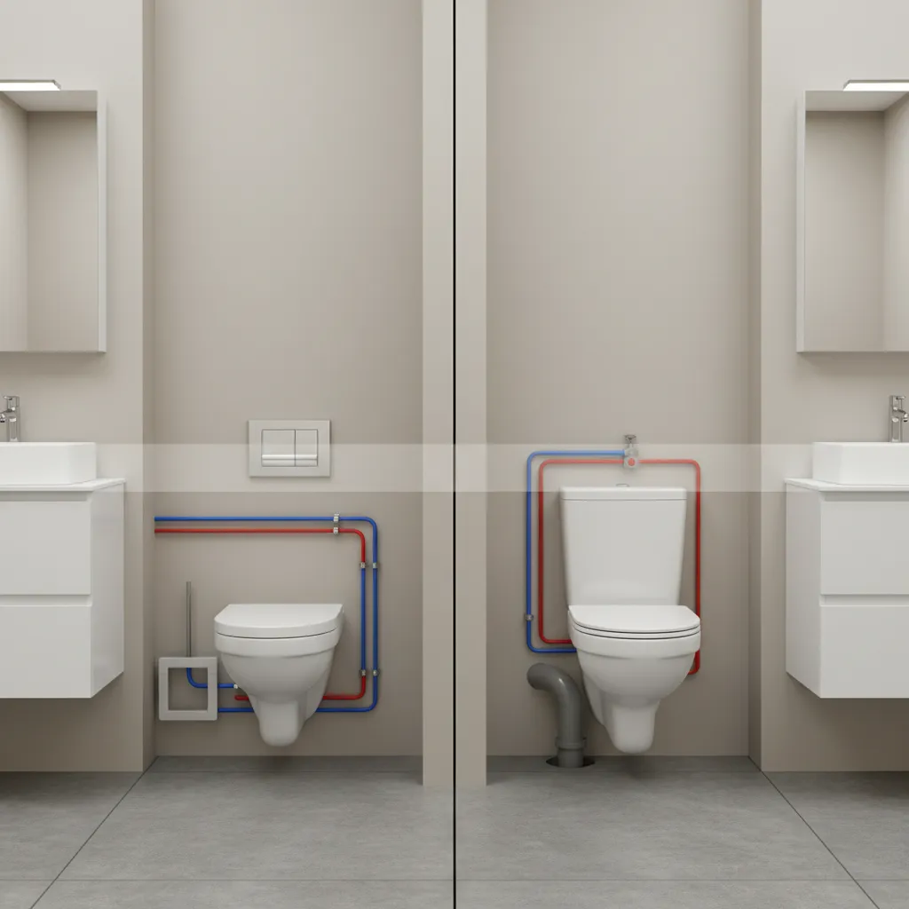 Bathroom plumbing layout showing wall mounted and floor mounted toilet installation differences