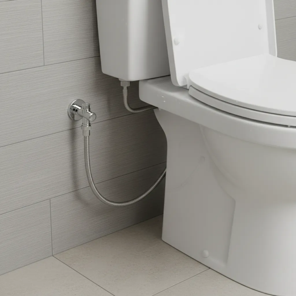 Bathroom toilet tank installed with visible supply line and shutoff valve