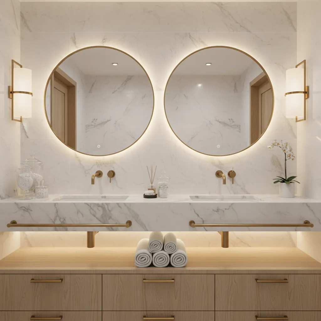 Bathroom towel bar displaying neatly folded decorative towels