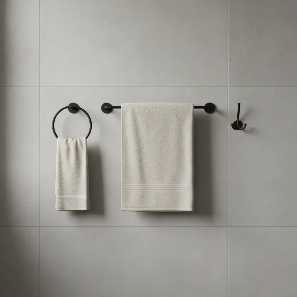 Modern bathroom wall showing towel bar ring and hook placement