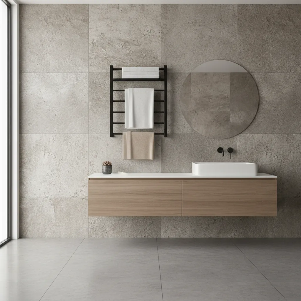 Modern bathroom towel rack with neatly folded neutral towels