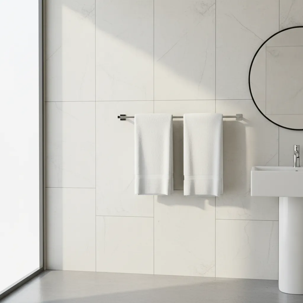 Bathroom towels hanging neatly on rack instead of stacked