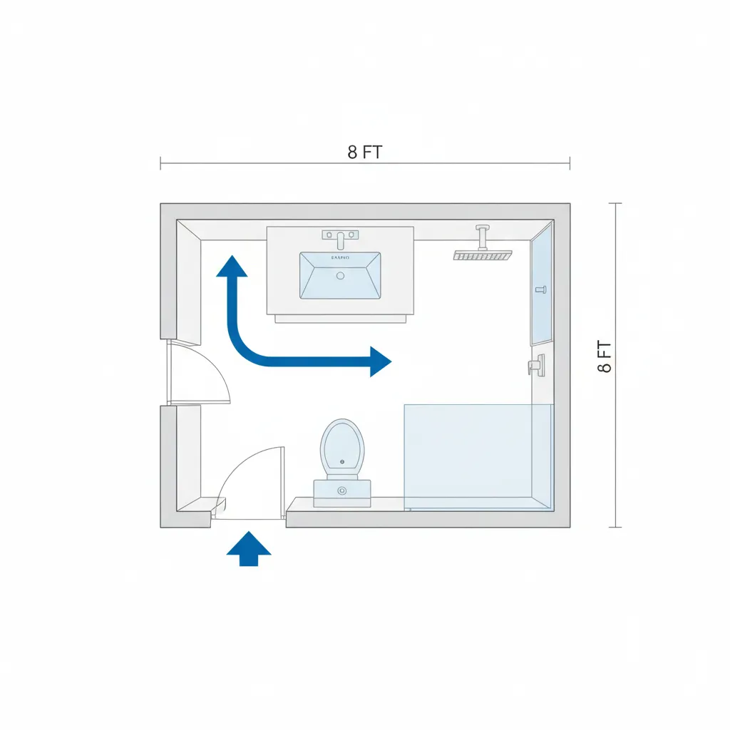Bathroom layout diagram showing movement path around toilet and vanity