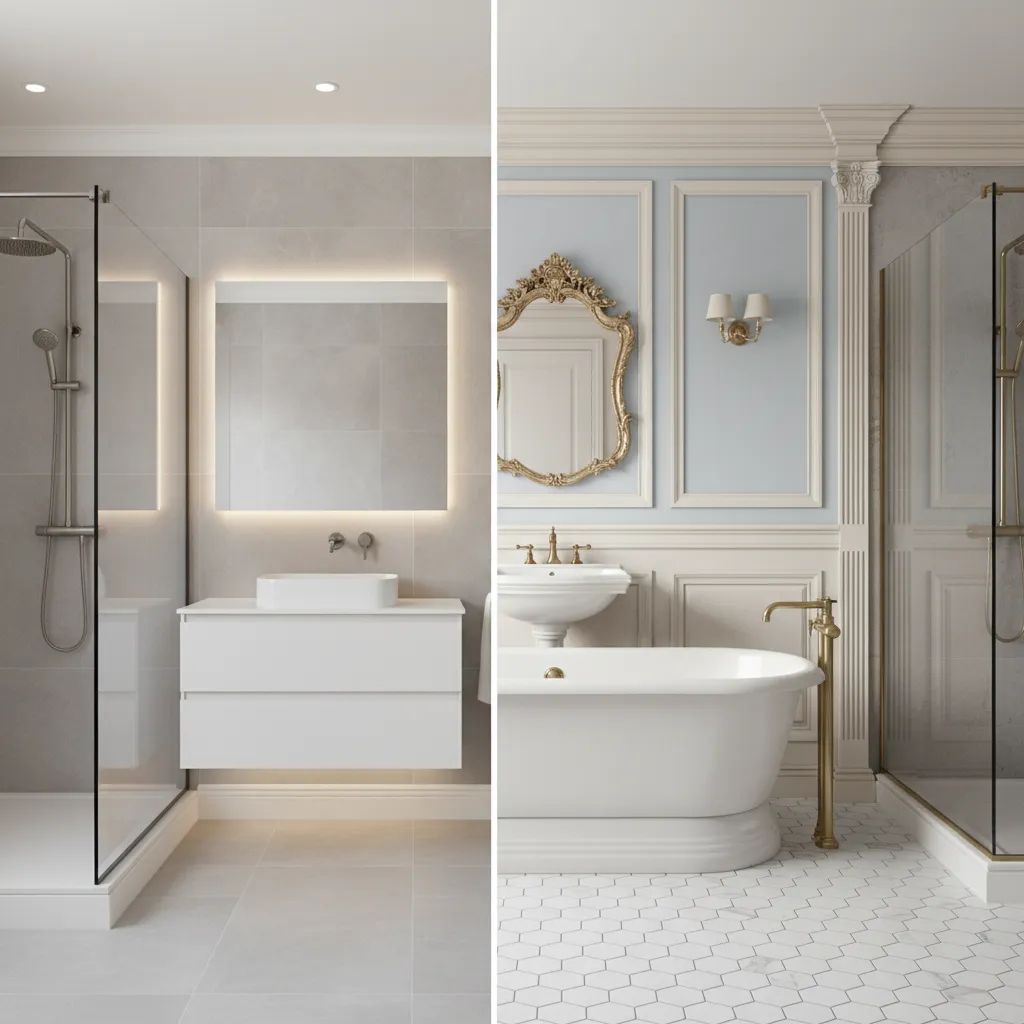 Comparison of modern flat baseboard and traditional decorative trim in bathrooms