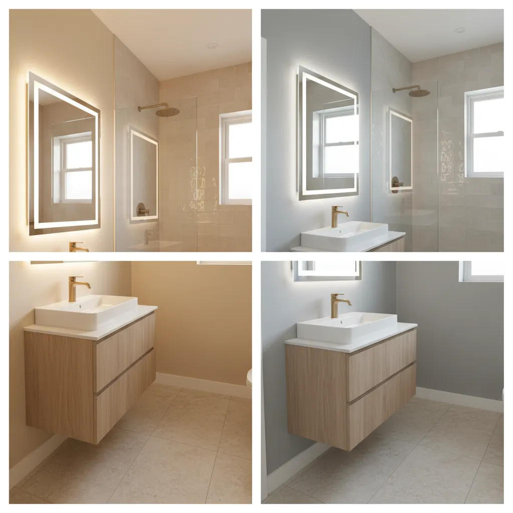 Comparison of warm neutral paint reflecting light versus cool gray absorbing light in a small bathroom