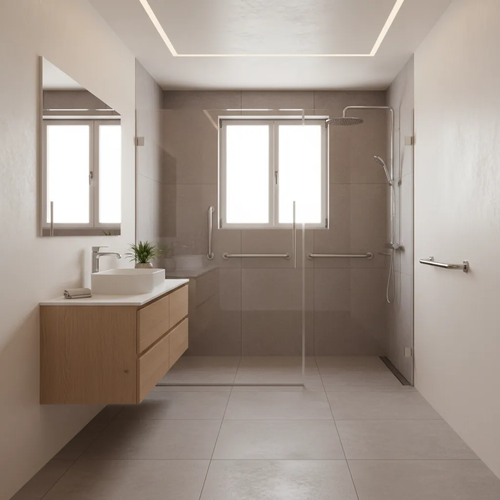 accessible bathroom layout with walk in shower grab bars and clear floor space