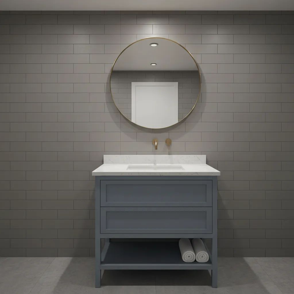 Gray bathroom vanity area with accent color cabinet and mirror frame