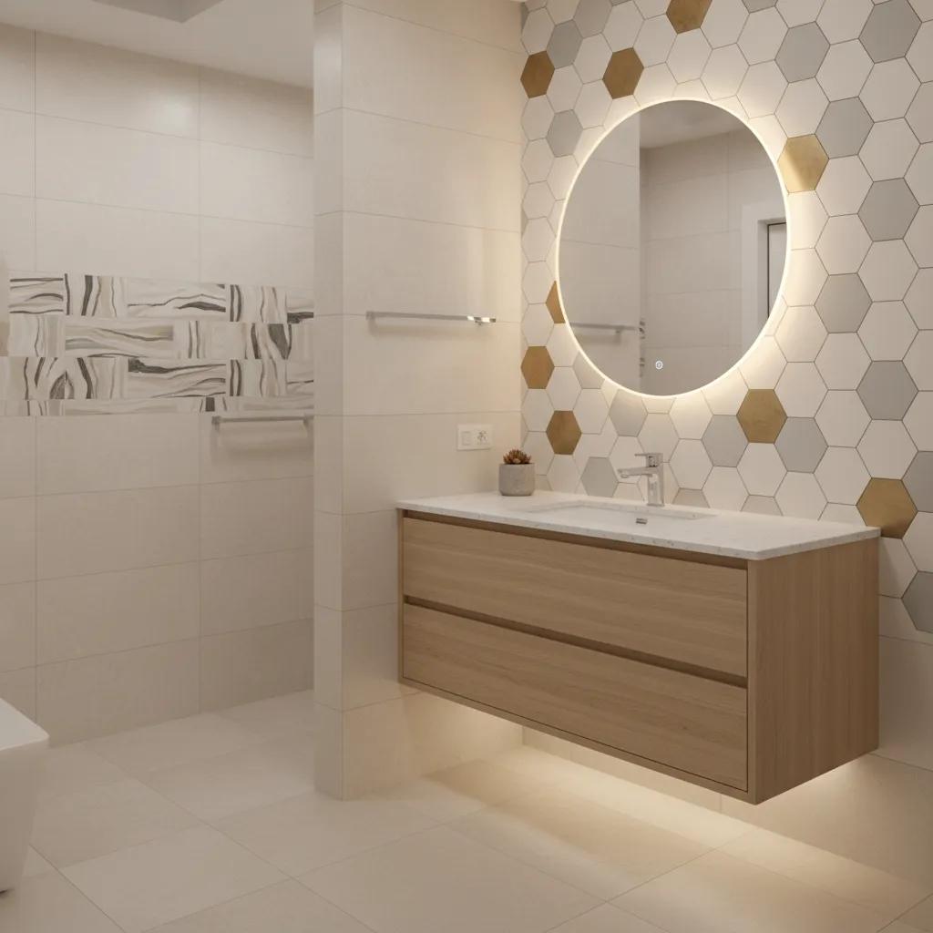 Bathroom vanity backsplash with geometric highlighter tiles