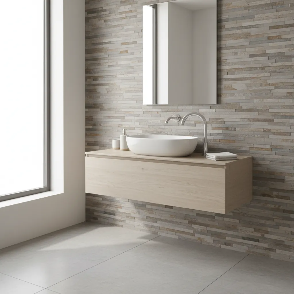 Peel and stick tile backsplash installed behind bathroom sink