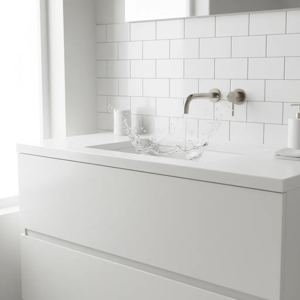 Bathroom vanity backsplash tile area showing splash zone near sink