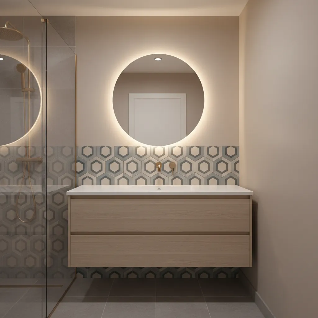 bathroom vanity backsplash using decorative dado tiles