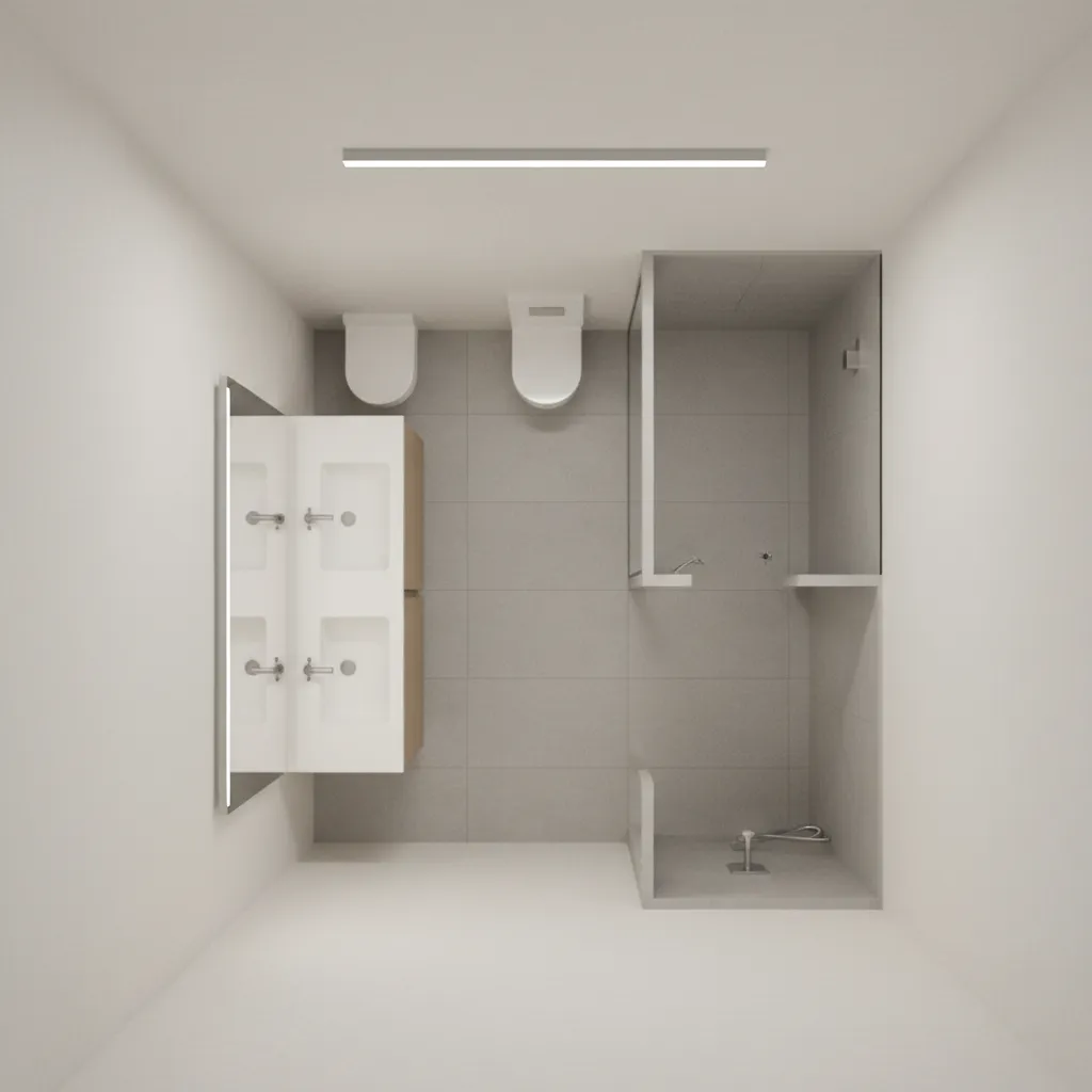 Bathroom layout showing shallower vanity depth and walking clearance