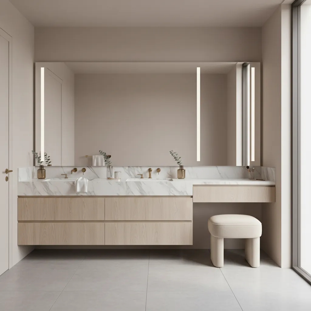 Bathroom vanity with integrated dressing area and mirror lighting