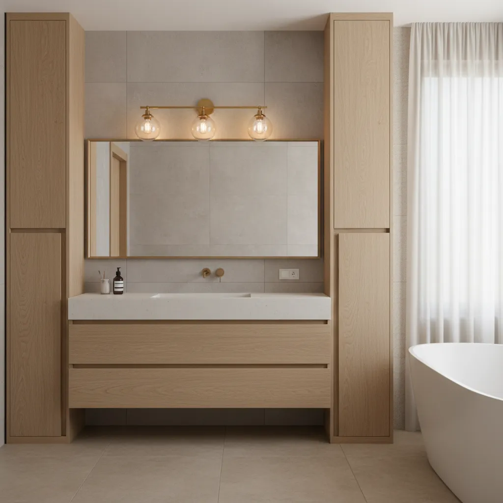 bathroom vanity with glass globe lights above mirror