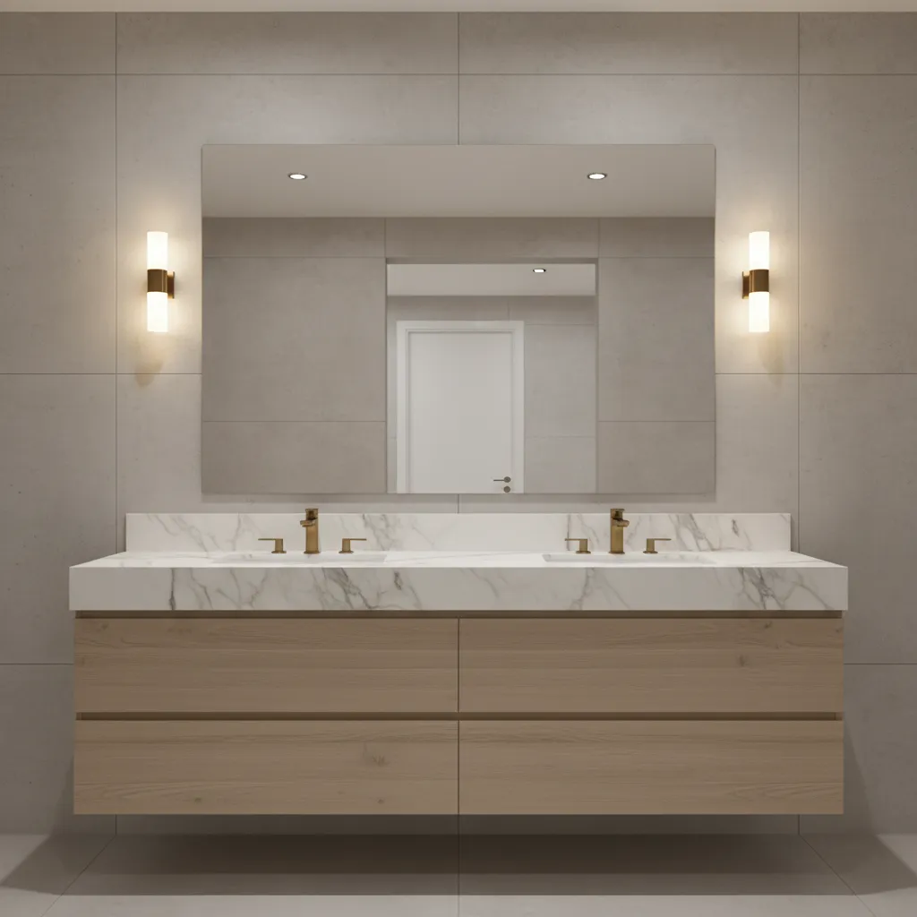 designer bathroom vanity with side sconces providing balanced facial lighting