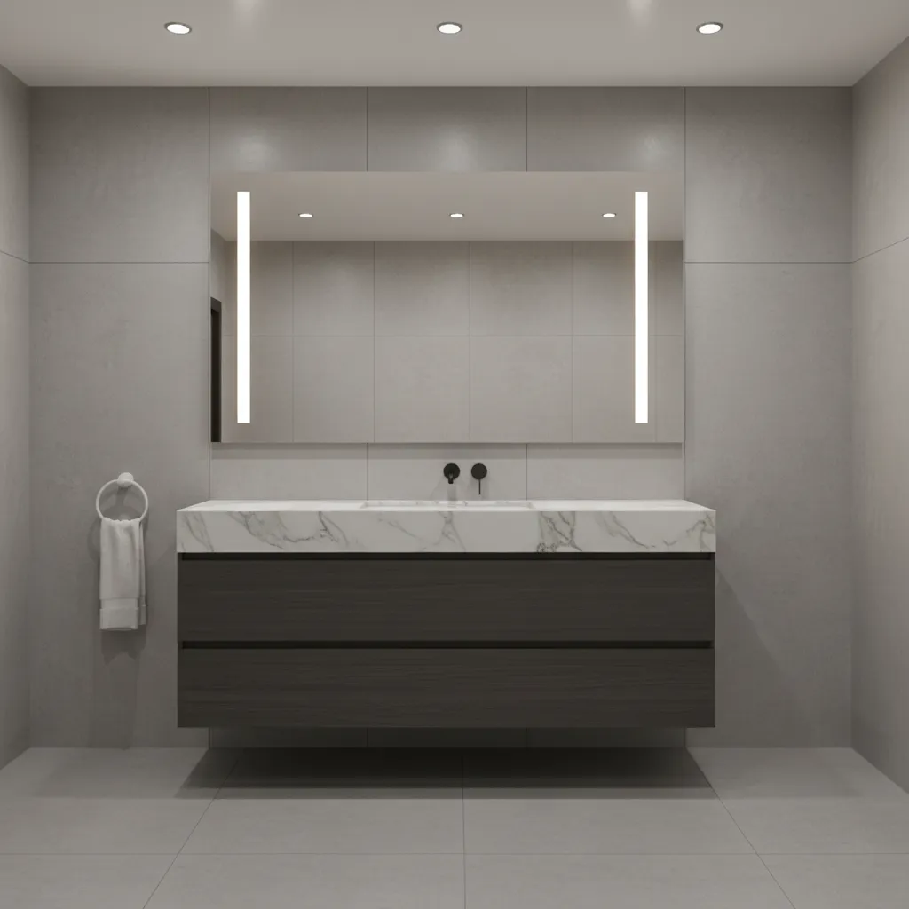 Bathroom mirror with vertical vanity lights on both sides providing even illumination