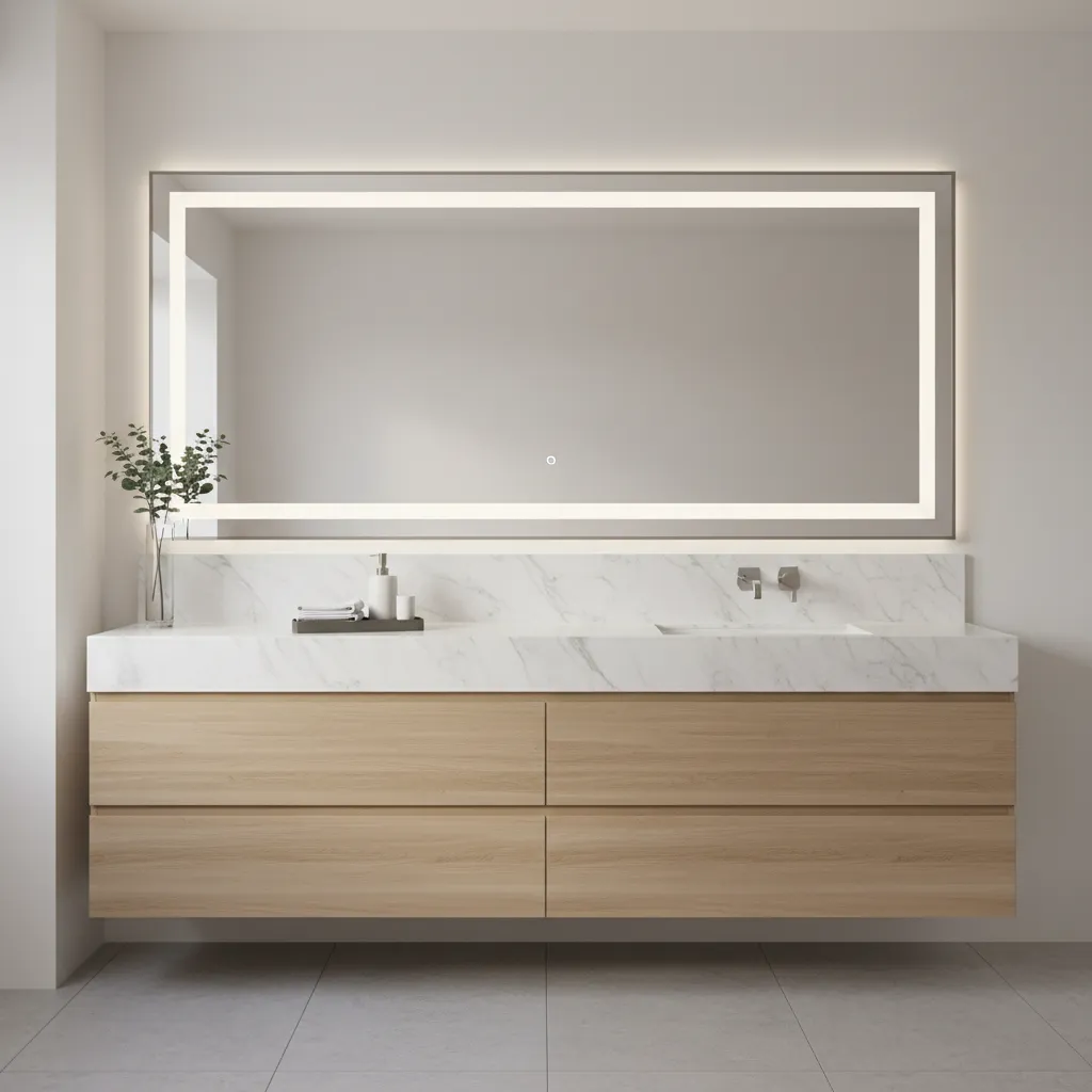 well lit bathroom vanity mirror with balanced lighting and neutral white bulbs