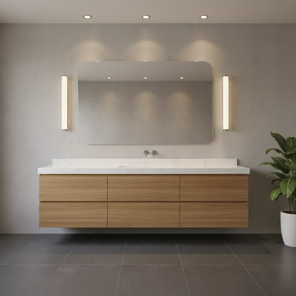 bathroom vanity lighting placement with side sconces and recessed lights