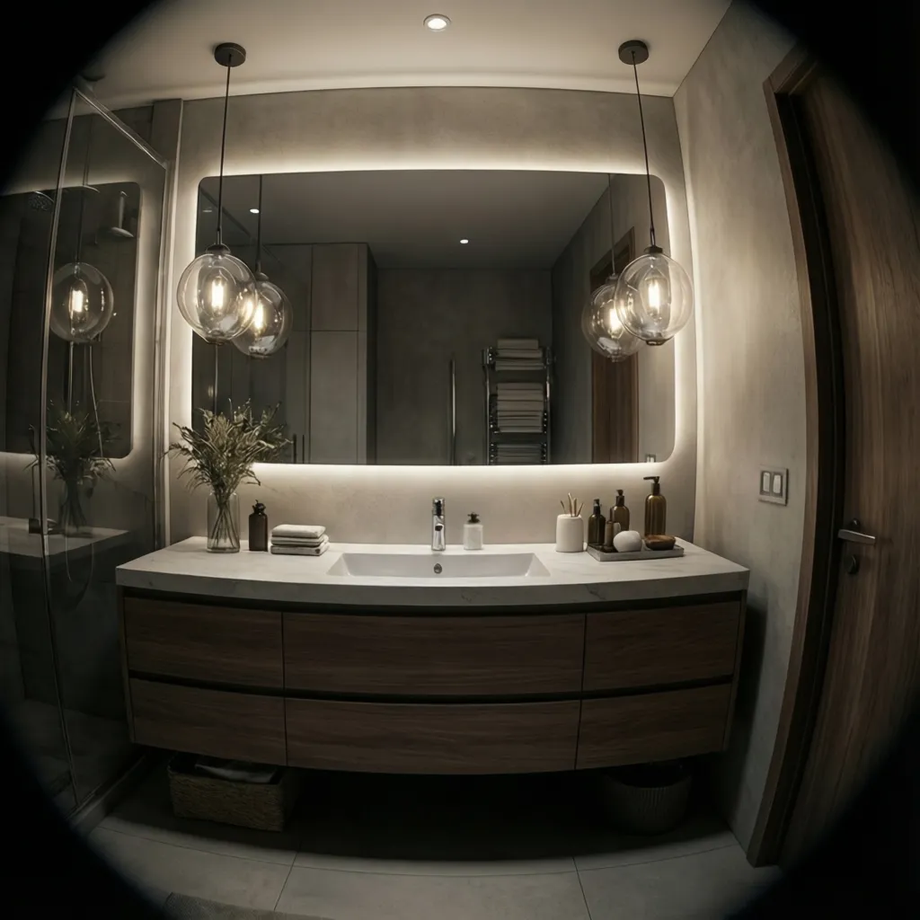 Bathroom vanity lighting with enclosed glass globes and mirror lights