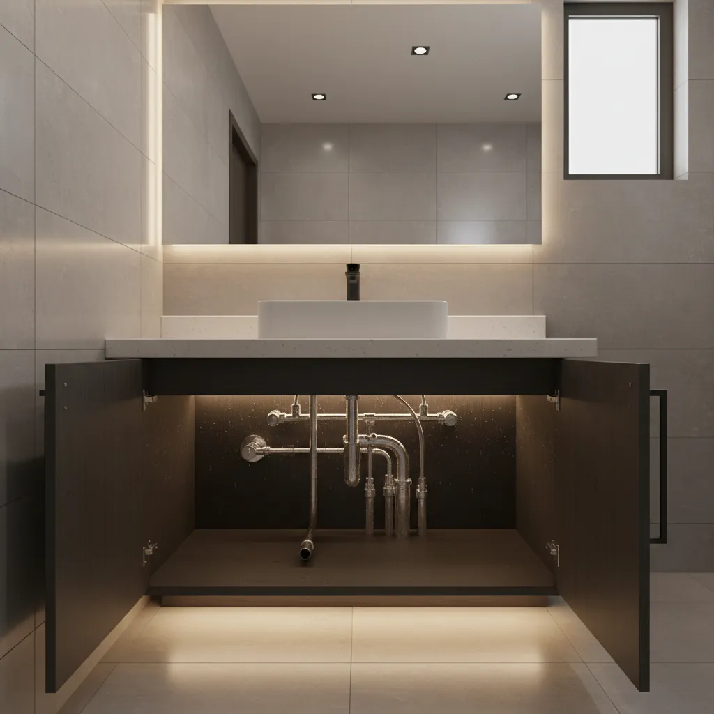 Bathroom vanity area showing moisture zones that attract ants