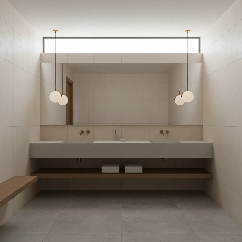 Bathroom vanity with two pendant lights placed above sinks beside a mirror