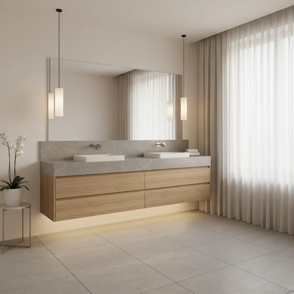 Modern bathroom vanity with pendant lights hanging beside mirror