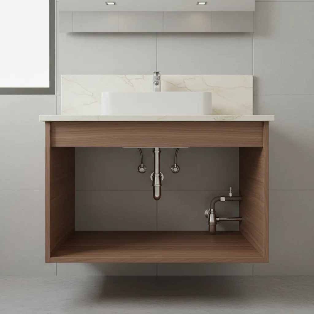 Floating wood bathroom cabinet with white sink and visible metal water pipes against grey tiles
