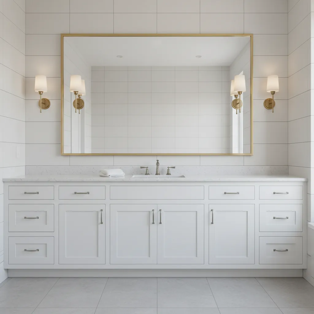 Bathroom mirror with two wall sconces placed on each side