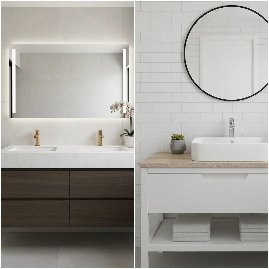 modern bathroom vanity comparison showing undermount and drop-in sinks in different bathrooms