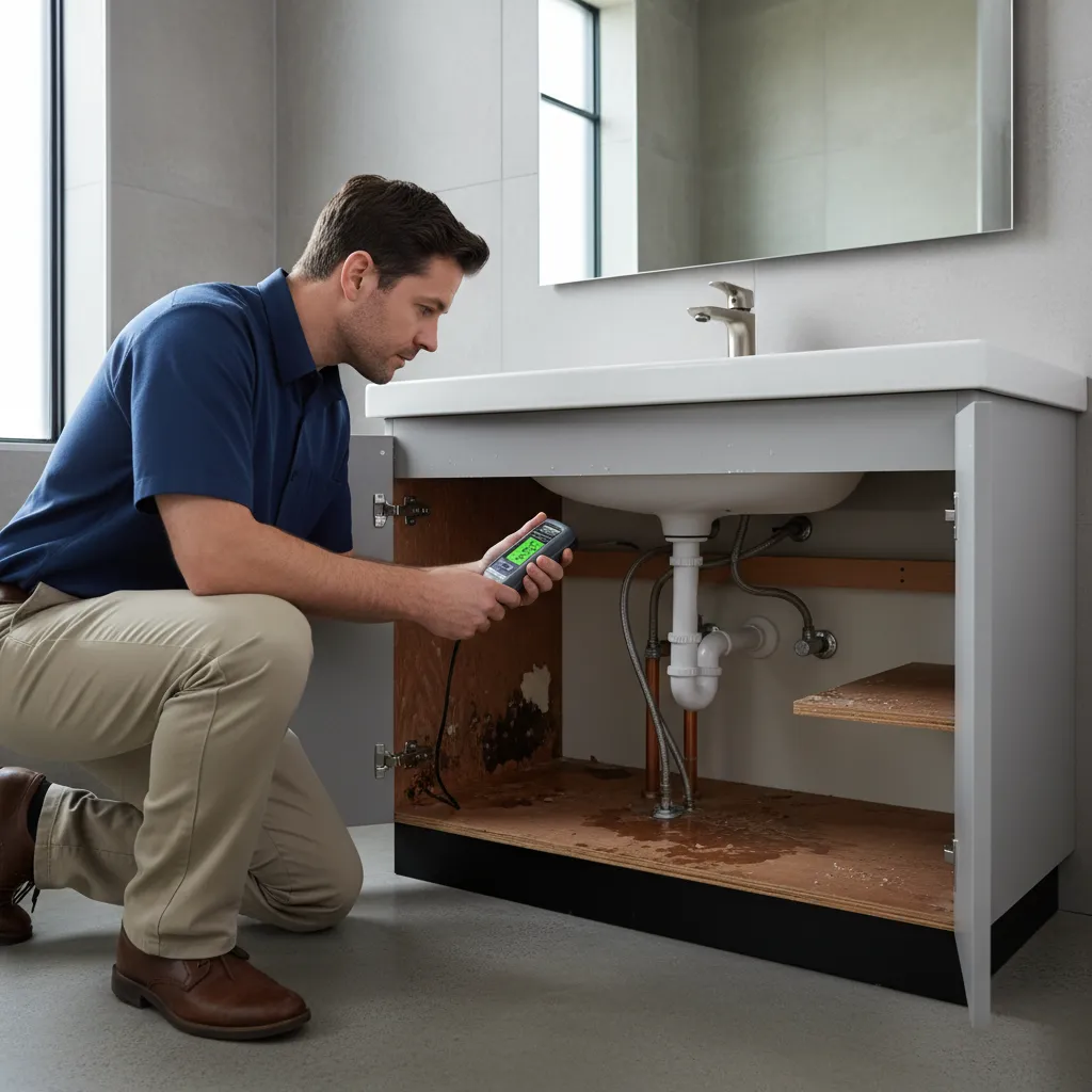 inside bathroom vanity showing inspection for water damage under undermount sink