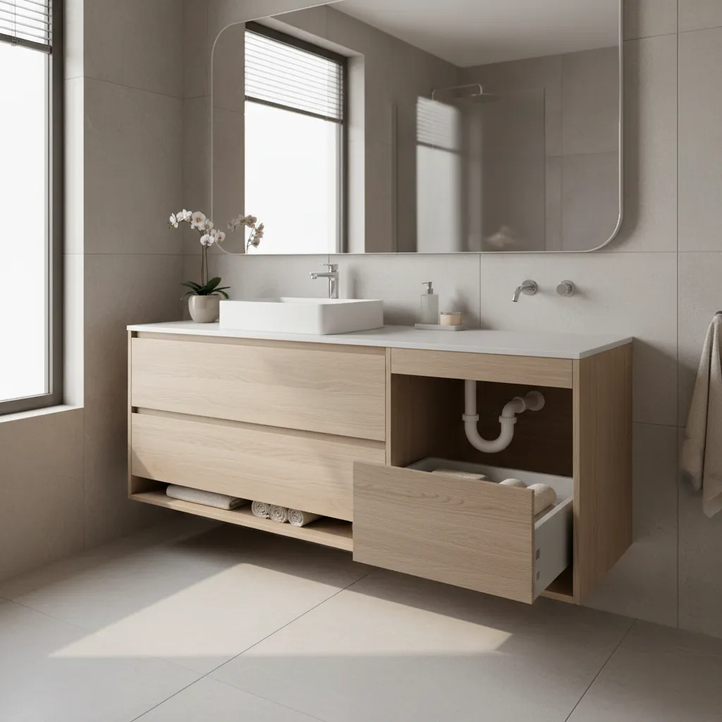 Bathroom vanity cabinet with sink and internal plumbing clearance