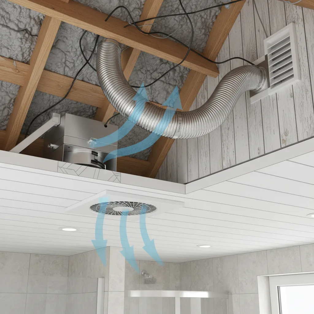 Bathroom ventilation duct layout showing airflow path from fan to exterior vent