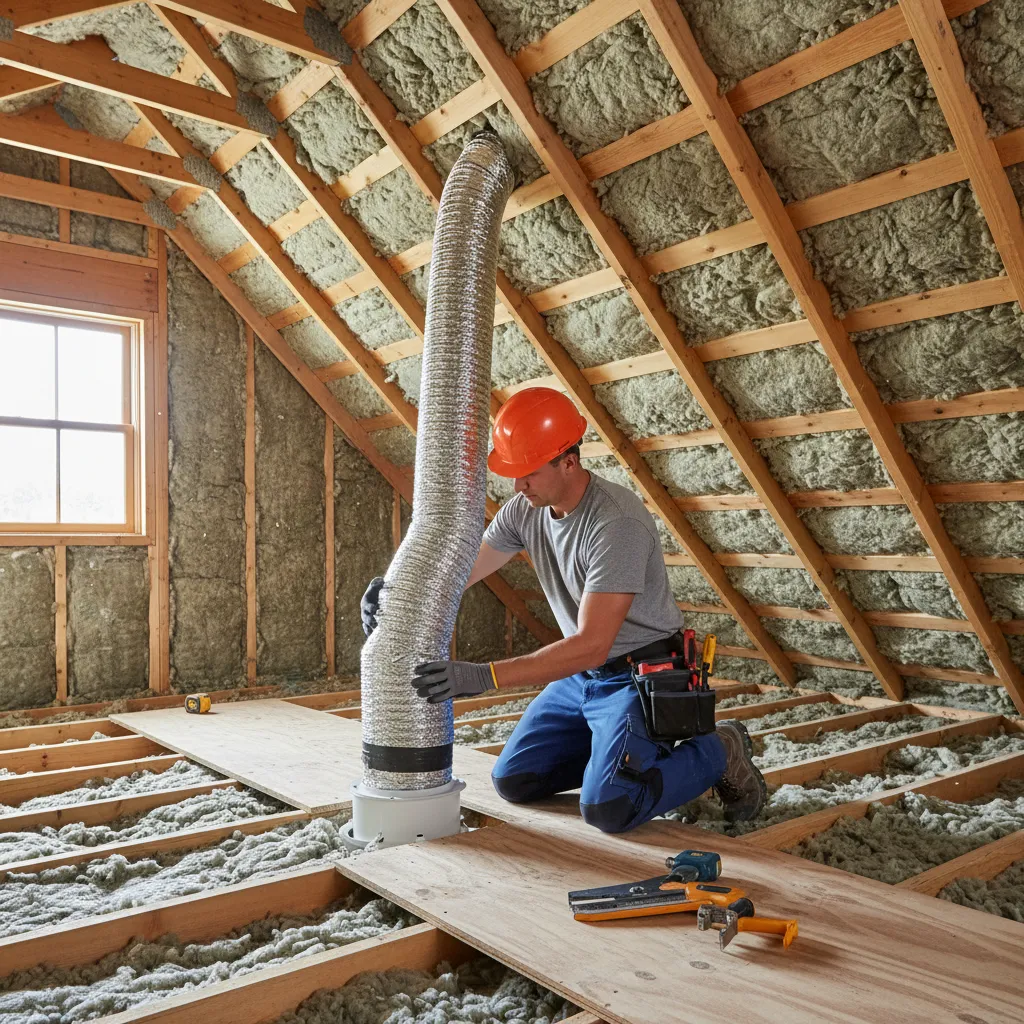 Contractor installing insulated bathroom exhaust duct through attic space