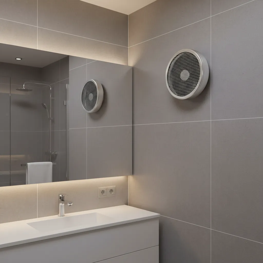 Bathroom ventilation fan with installed mesh screen to block mosquitoes