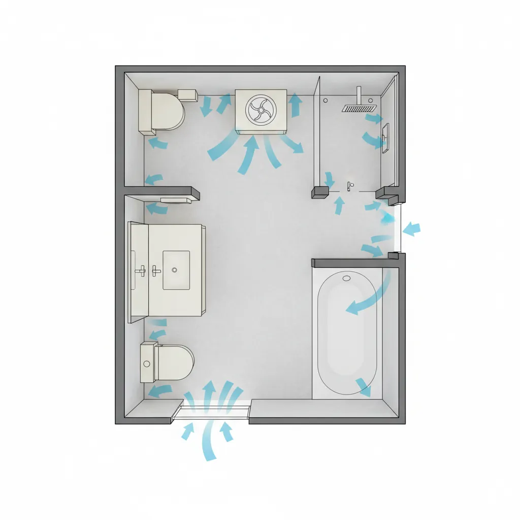Bathroom layout diagram showing airflow path to exhaust fan