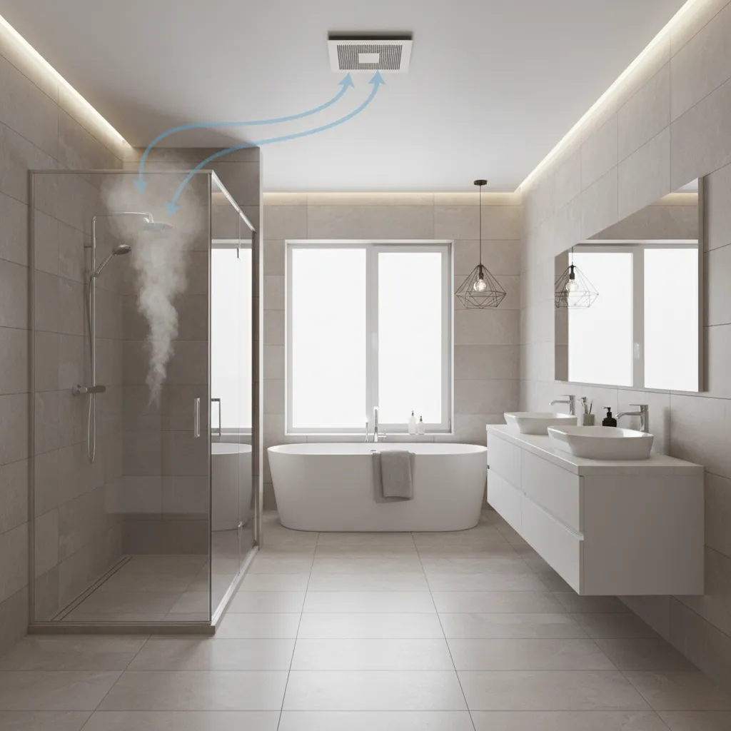 Bathroom airflow visualization showing exhaust fan removing humid air