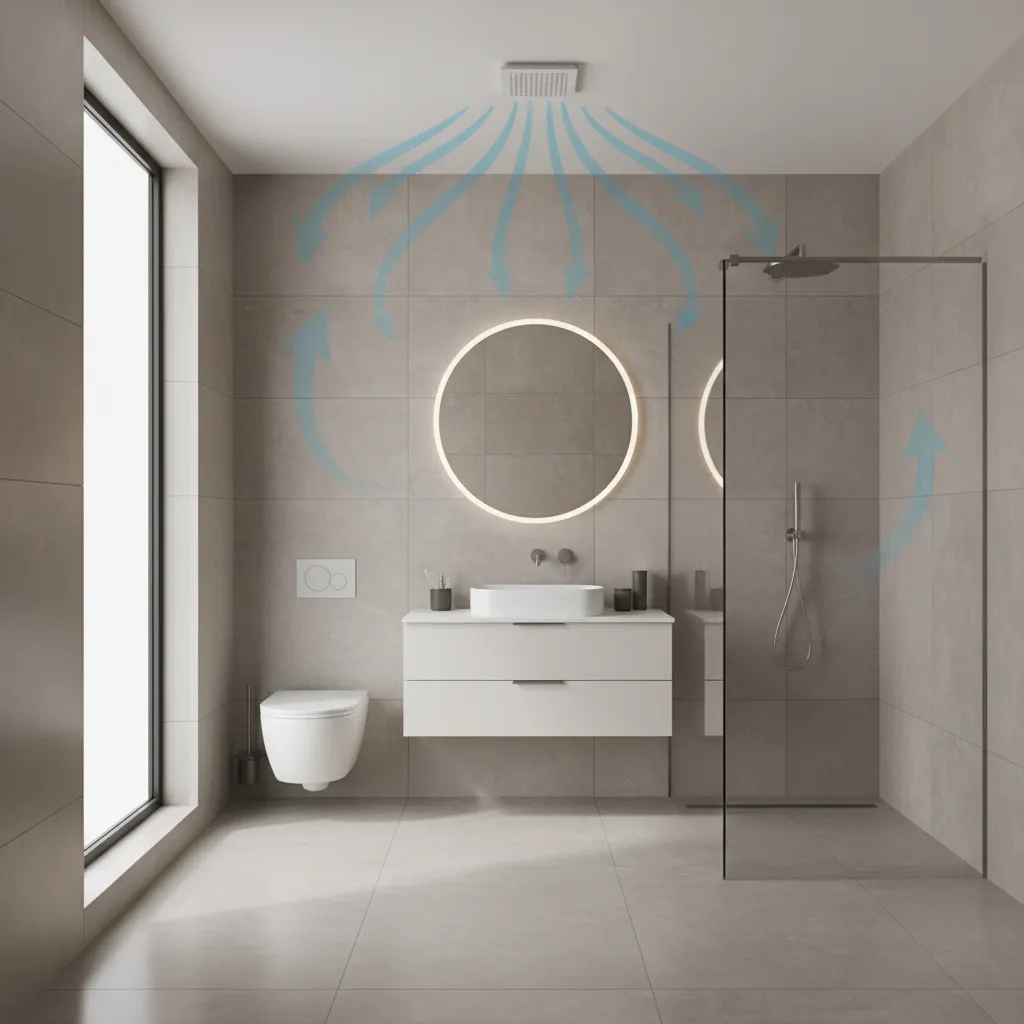 Bathroom ventilation airflow diagram showing exhaust fan and air circulation in tiled bathroom