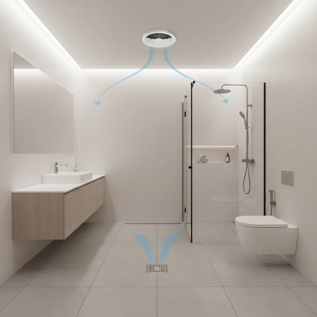 diagram style visualization of bathroom ventilation and drainage layout preventing mosquito breeding