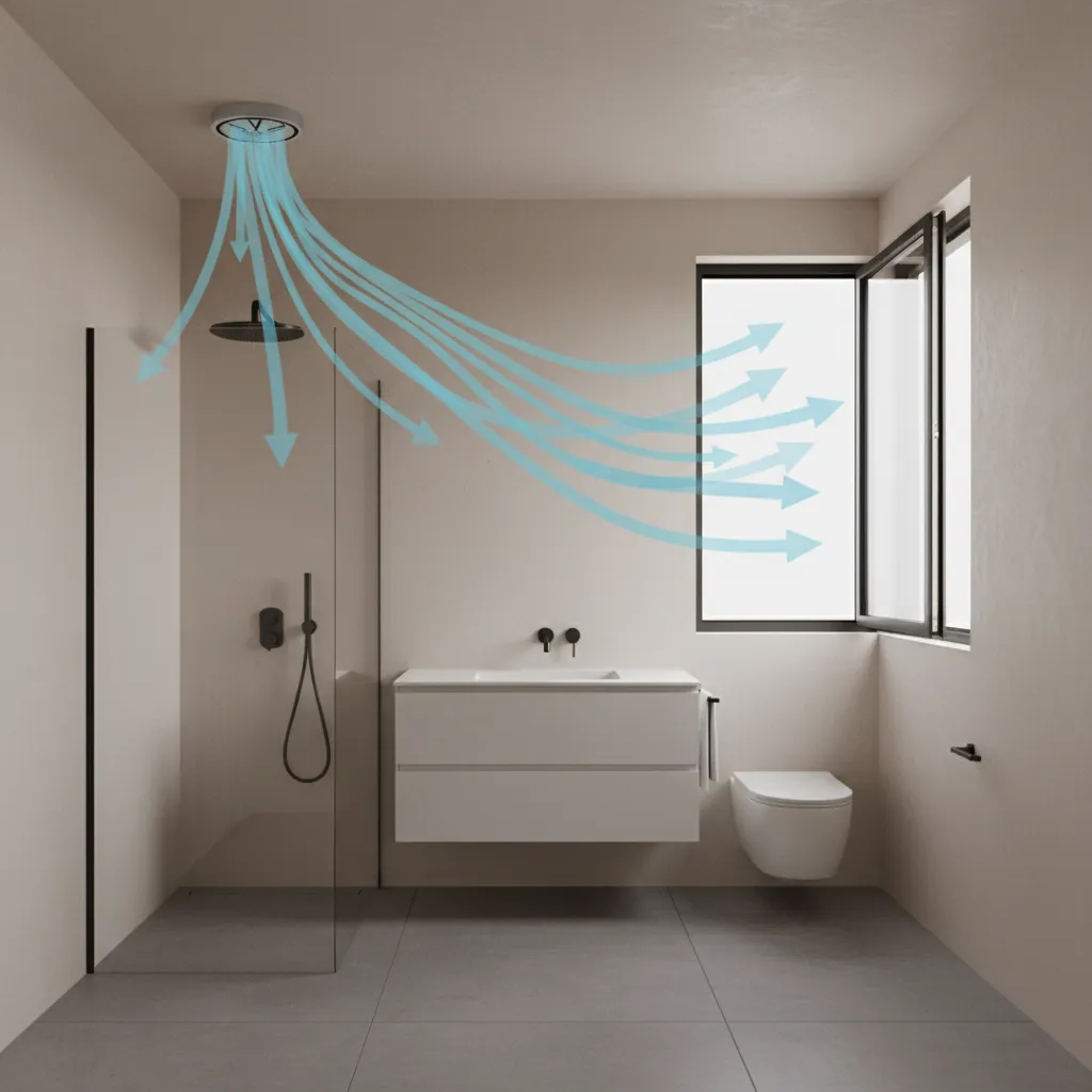 bathroom ventilation layout showing airflow from shower to exhaust fan