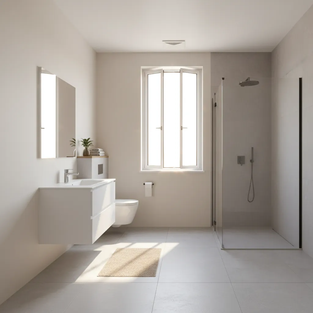 bright bathroom with window ventilation and quick drying bath rug on tile floor