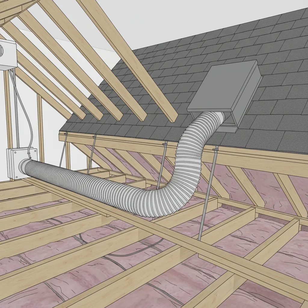 Bathroom exhaust fan duct venting outdoors through ceiling ductwork
