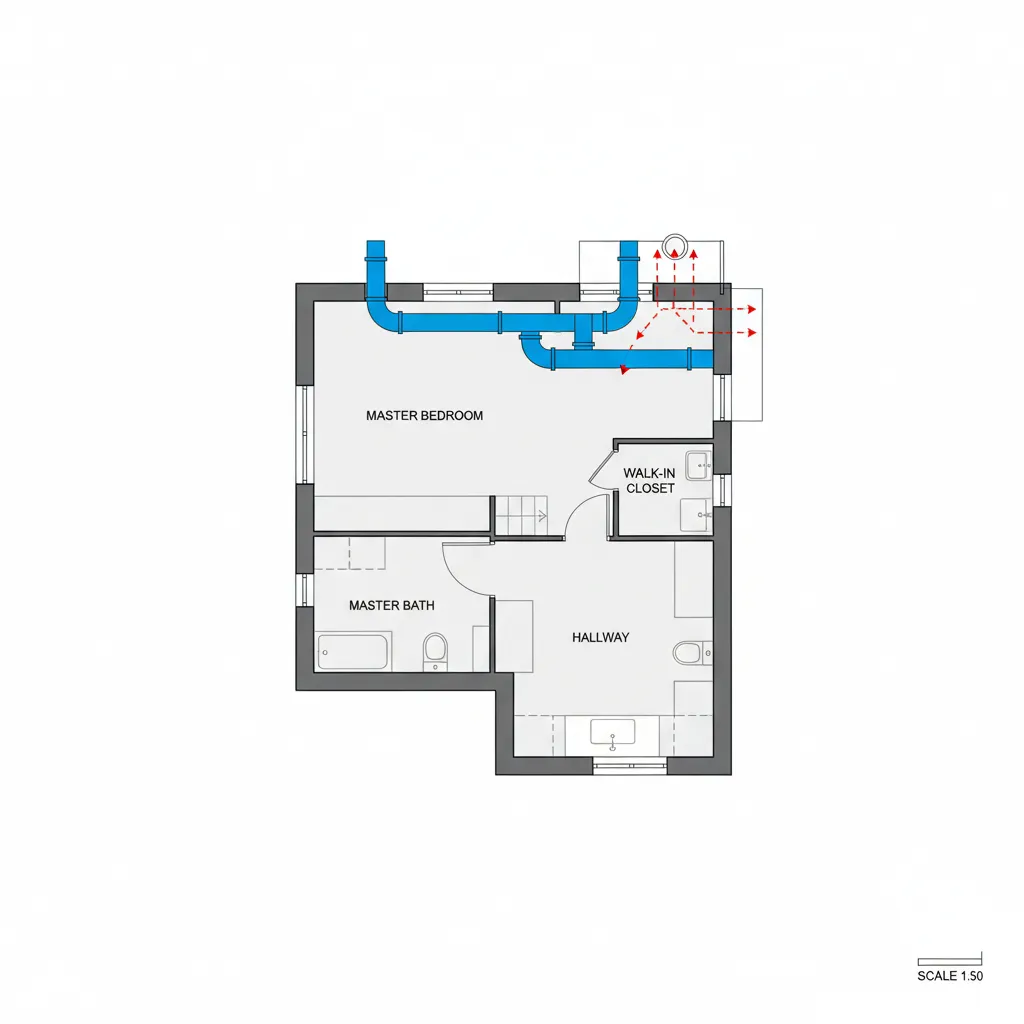 Architectural floor plan showing bathroom ventilation ducts and airflow paths