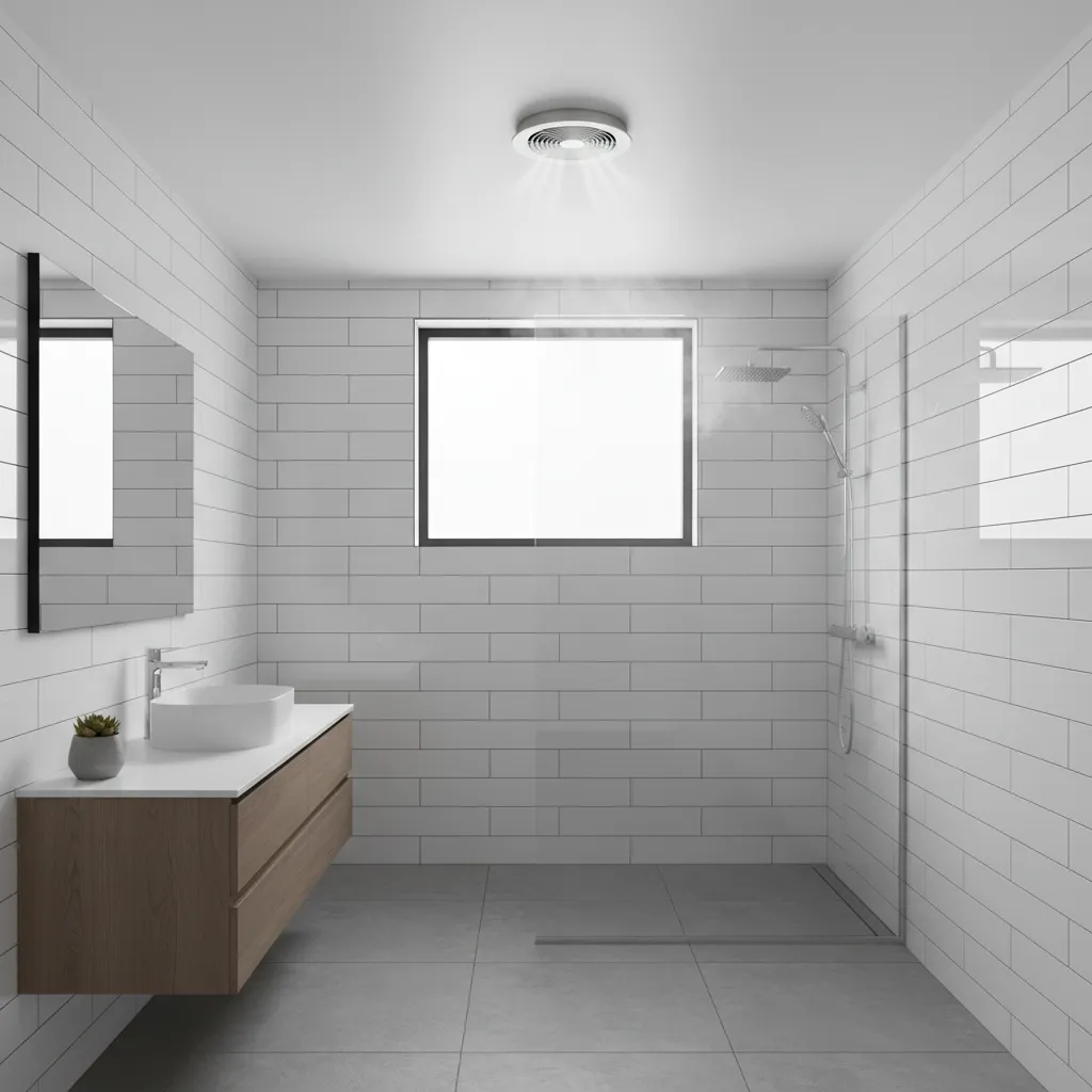 Bathroom ceiling ventilation fan removing moisture after shower