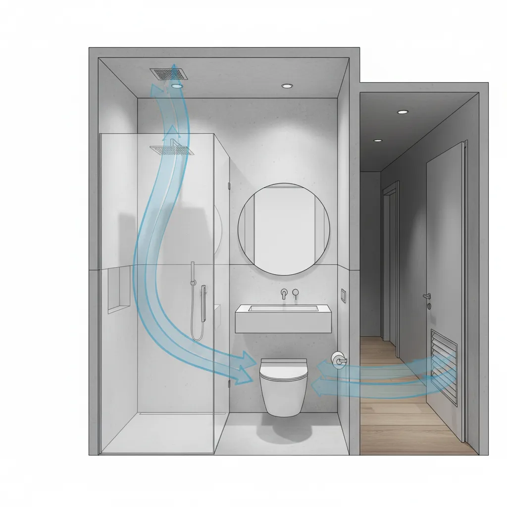 Bathroom ventilation airflow diagram showing direction toward entrance