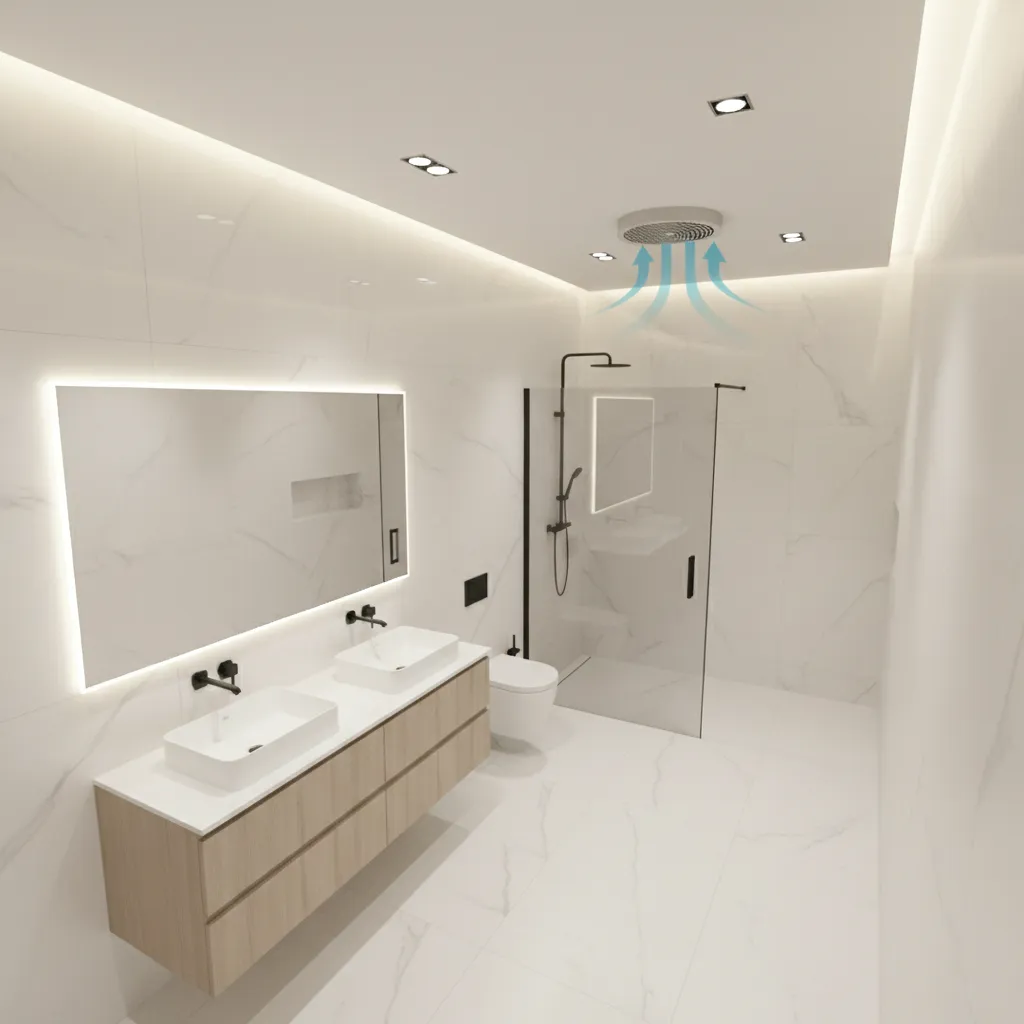 Bathroom layout diagram showing ventilation airflow and fan placement