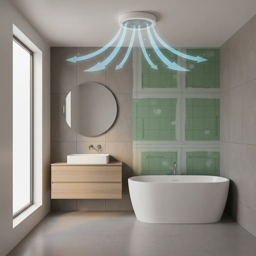 Bathroom ventilation system reducing humidity near waterproof drywall walls